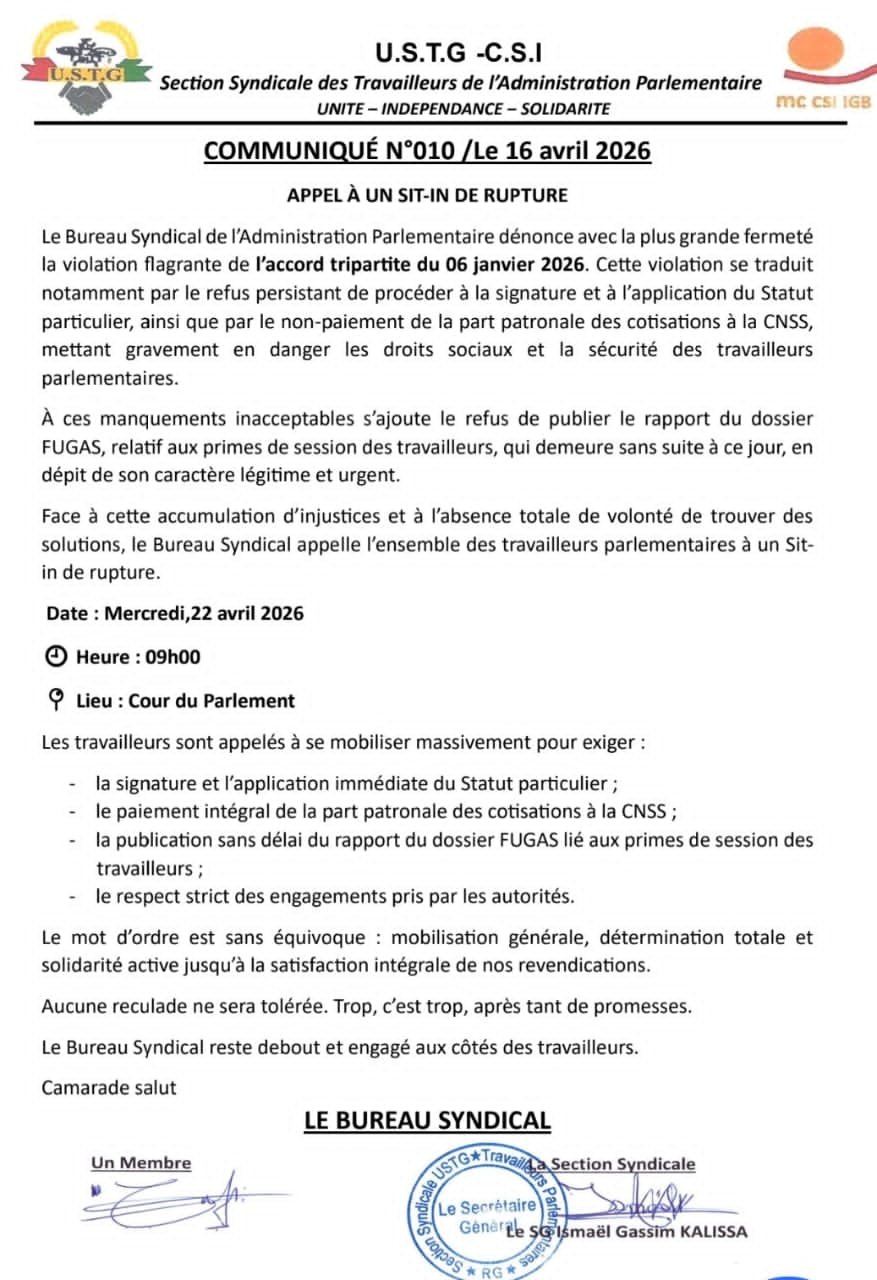 Administration parlementaire : les travailleurs déclenchent un sit-in de rupture